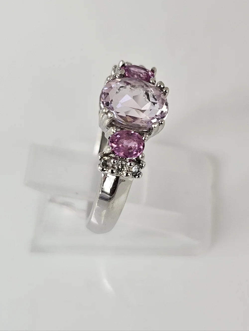 Natural Kunzite & Pink Sapphire Ring Sterling Silver Rhodium Overlay Sz 7!
